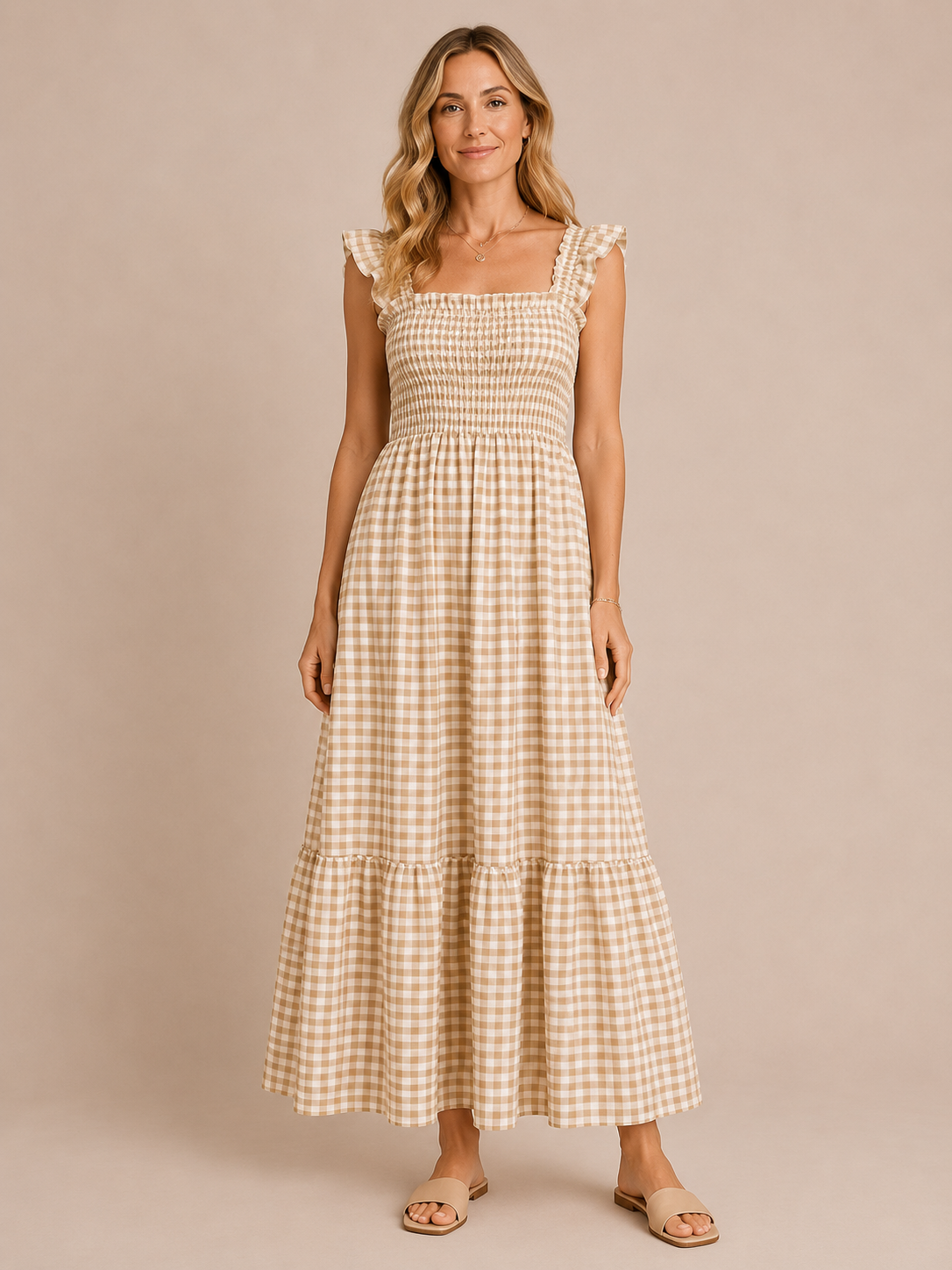 Odette™ - Shirred Gingham Maxi Dress