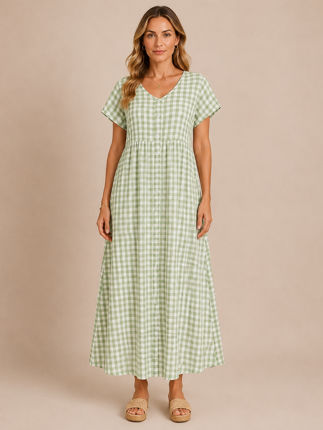 Brielle™ - Plaid V-Neck Button Maxi Dress