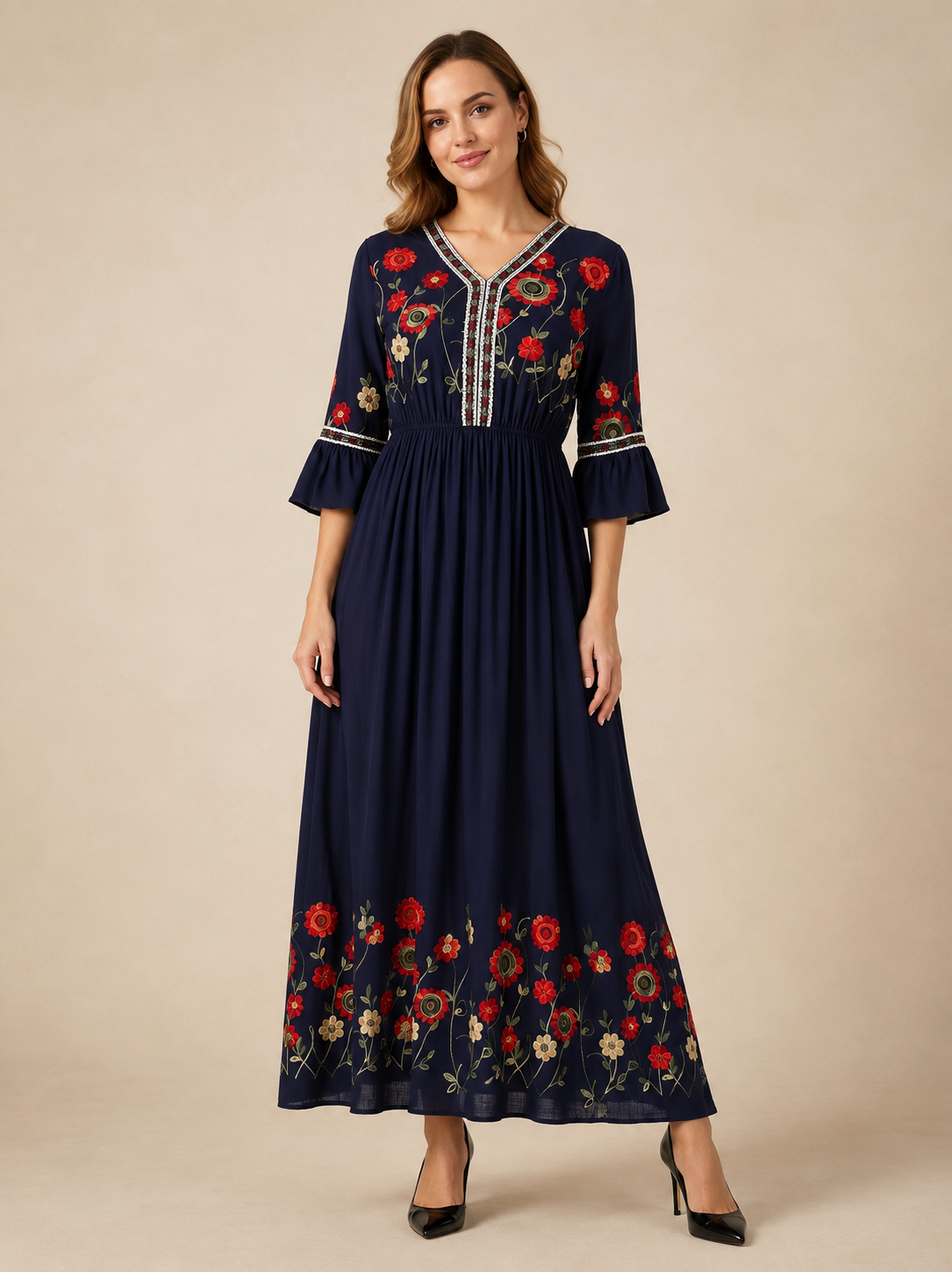 Evelina™ - V-Neck Embroidered Linen Maxi Dress