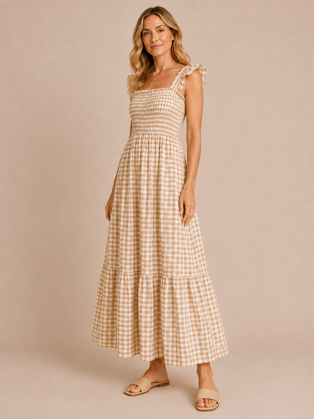 Odette™ - Shirred Gingham Maxi Dress