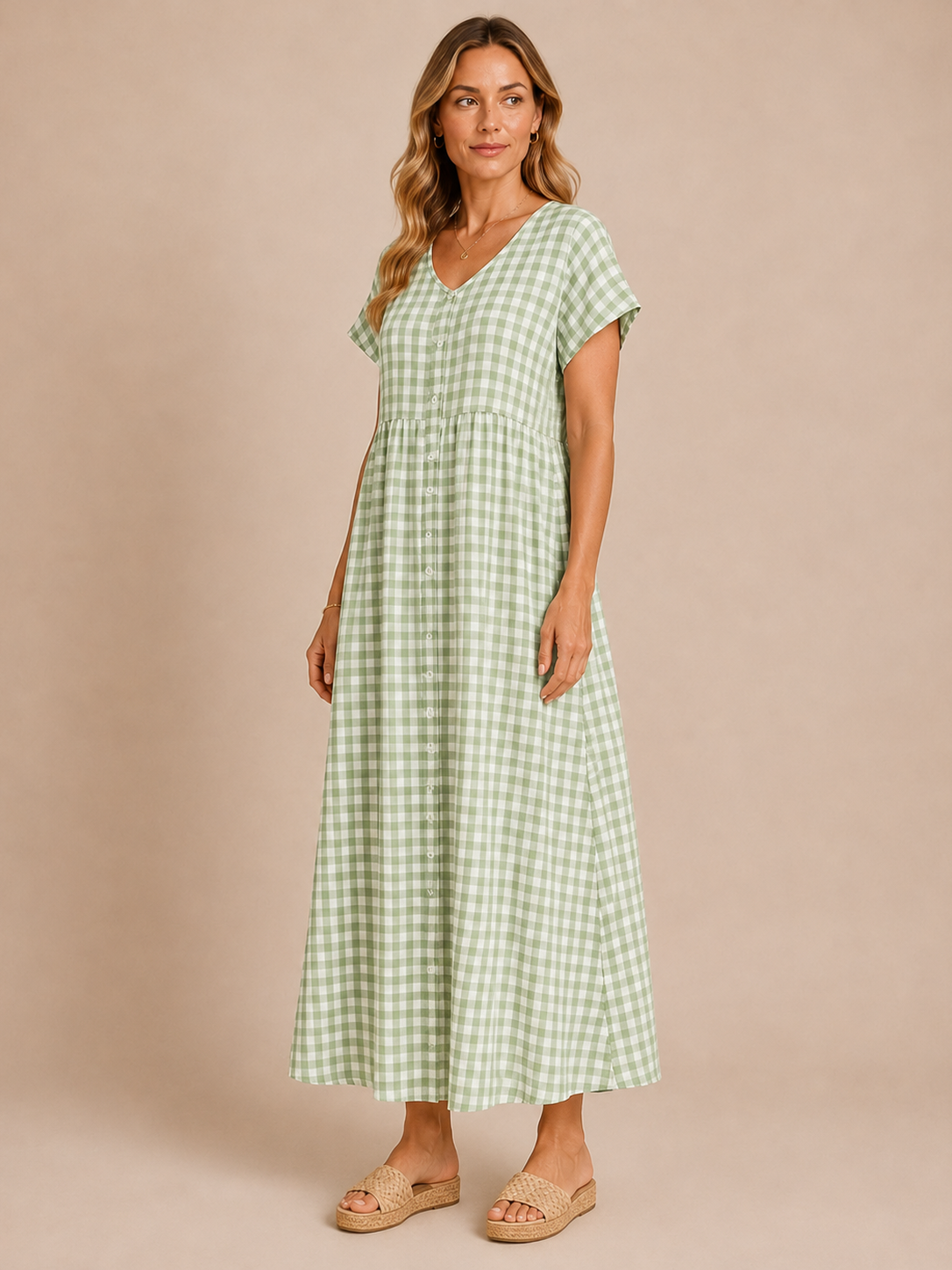 Brielle™ - Plaid V-Neck Button Maxi Dress