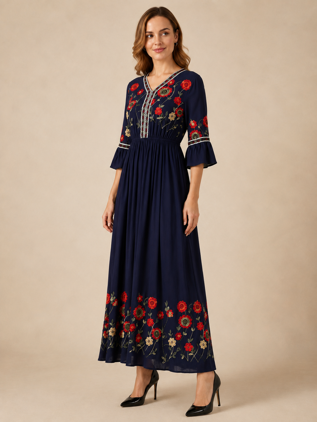 Evelina™ - V-Neck Embroidered Linen Maxi Dress