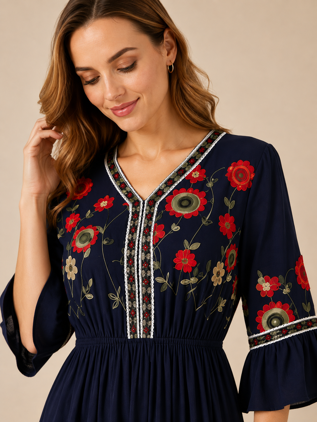 Evelina™ - V-Neck Embroidered Linen Maxi Dress