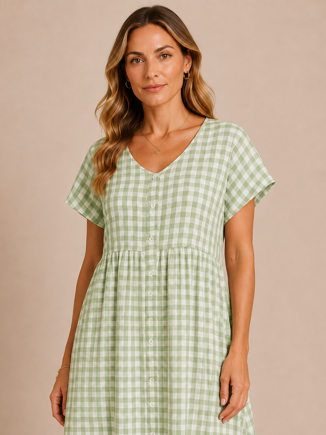 Brielle™ - Plaid V-Neck Button Maxi Dress