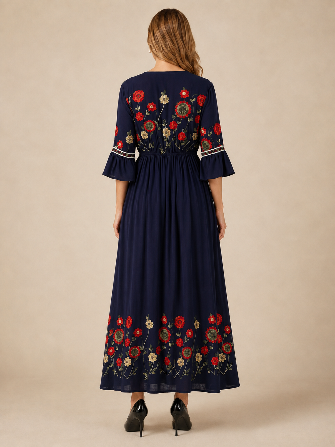 Evelina™ - V-Neck Embroidered Linen Maxi Dress