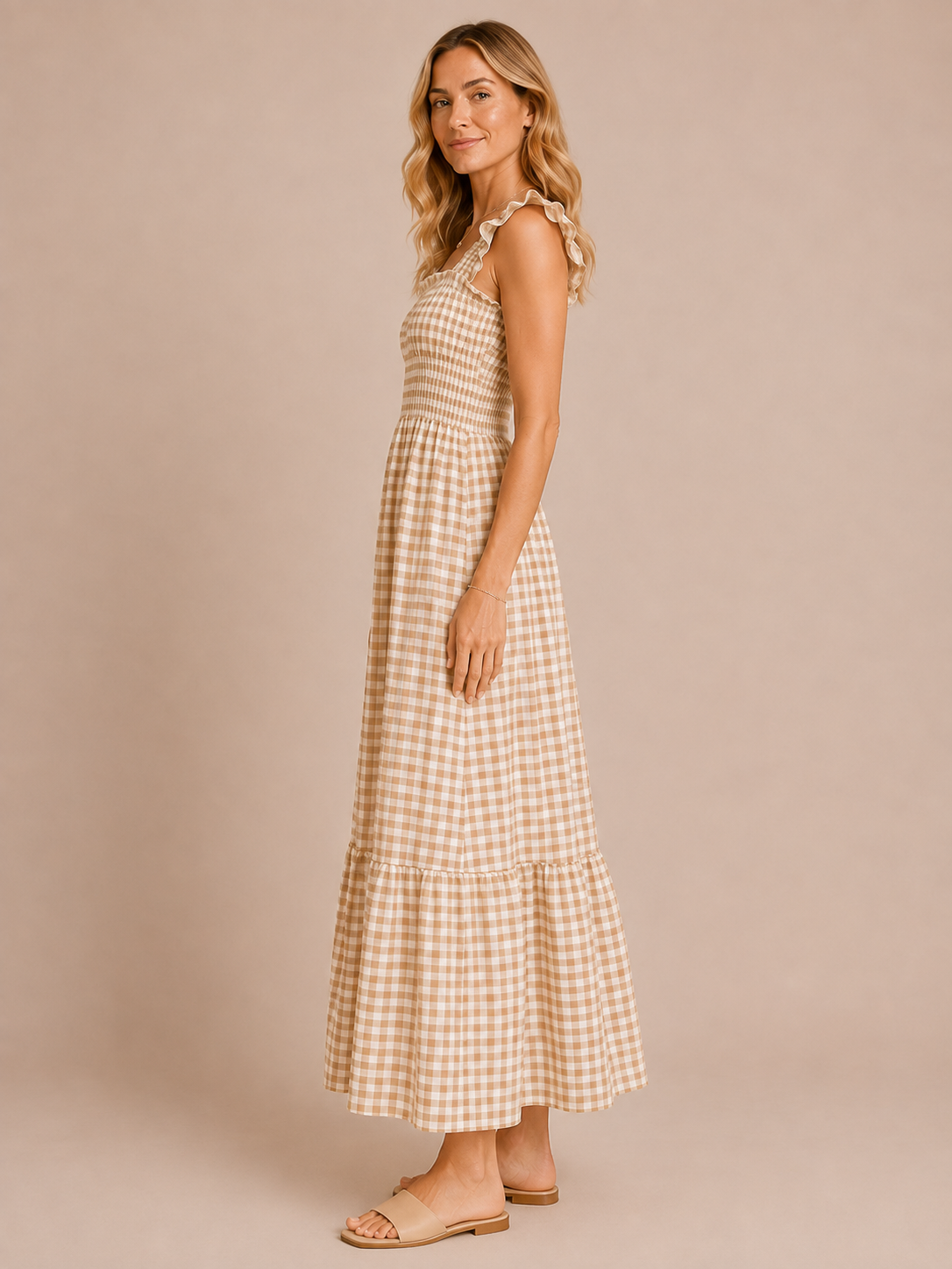 Odette™ - Shirred Gingham Maxi Dress