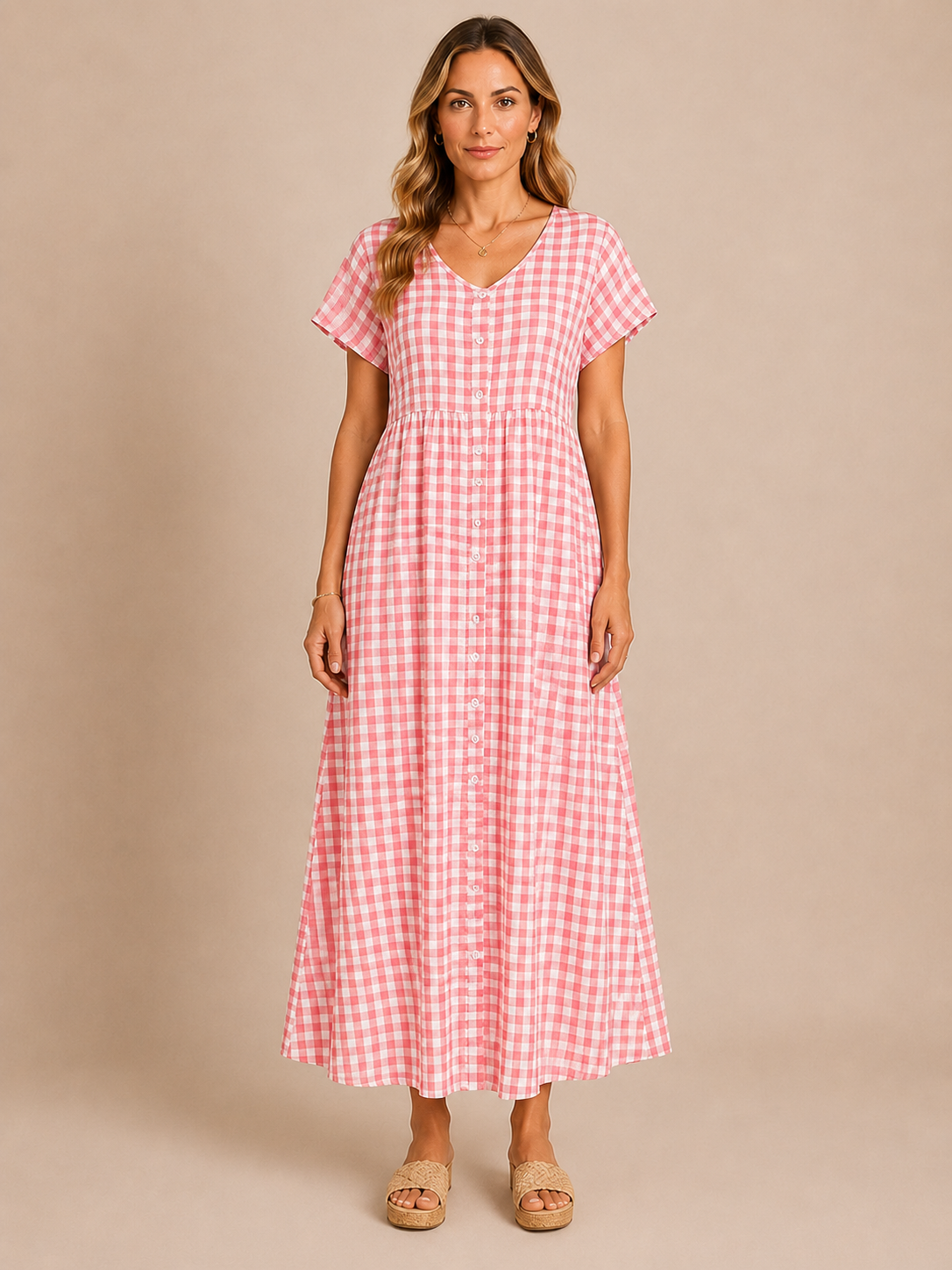 Brielle™ - Plaid V-Neck Button Maxi Dress