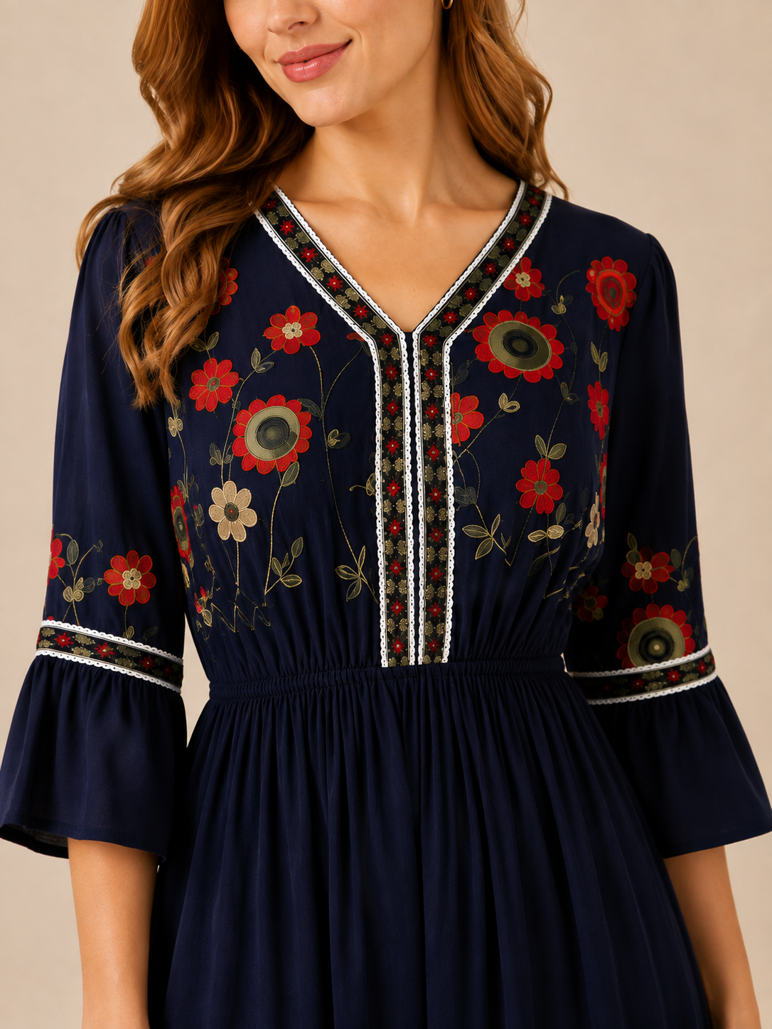 Evelina™ - V-Neck Embroidered Linen Maxi Dress