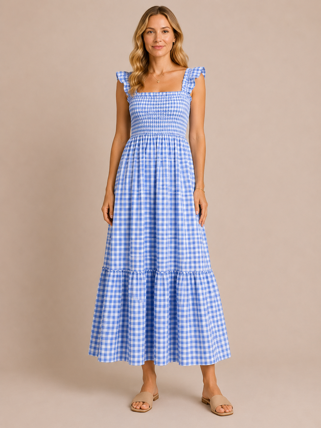 Odette™ - Shirred Gingham Maxi Dress