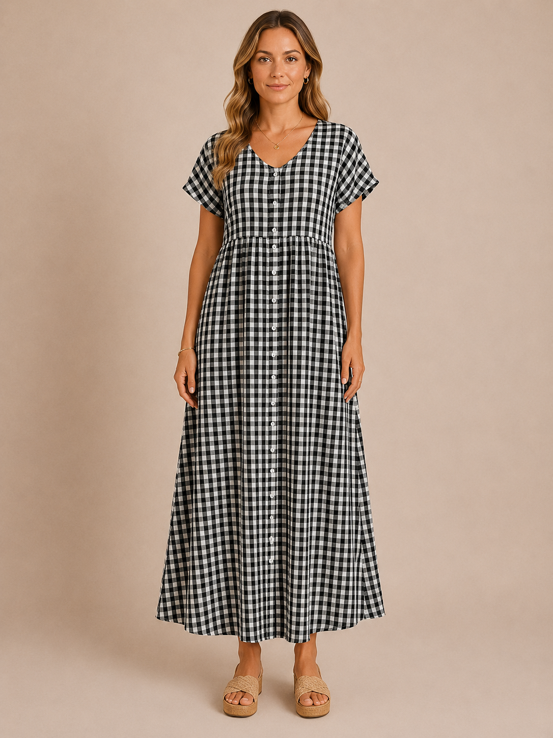 Brielle™ - Plaid V-Neck Button Maxi Dress