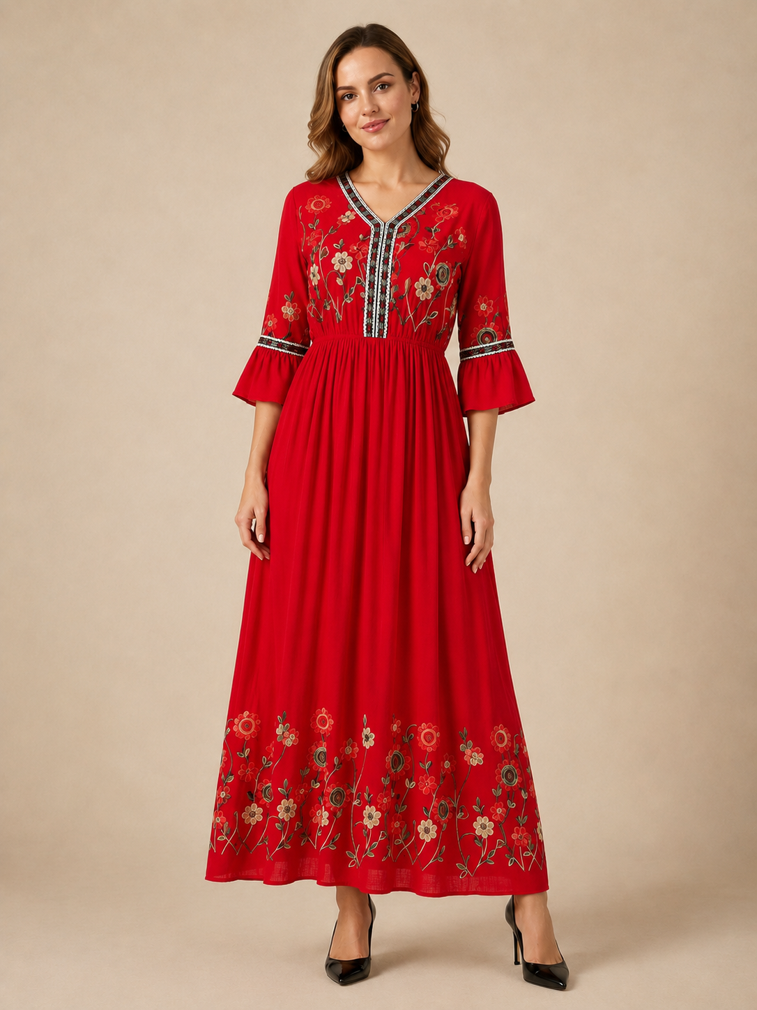 Evelina™ - V-Neck Embroidered Linen Maxi Dress