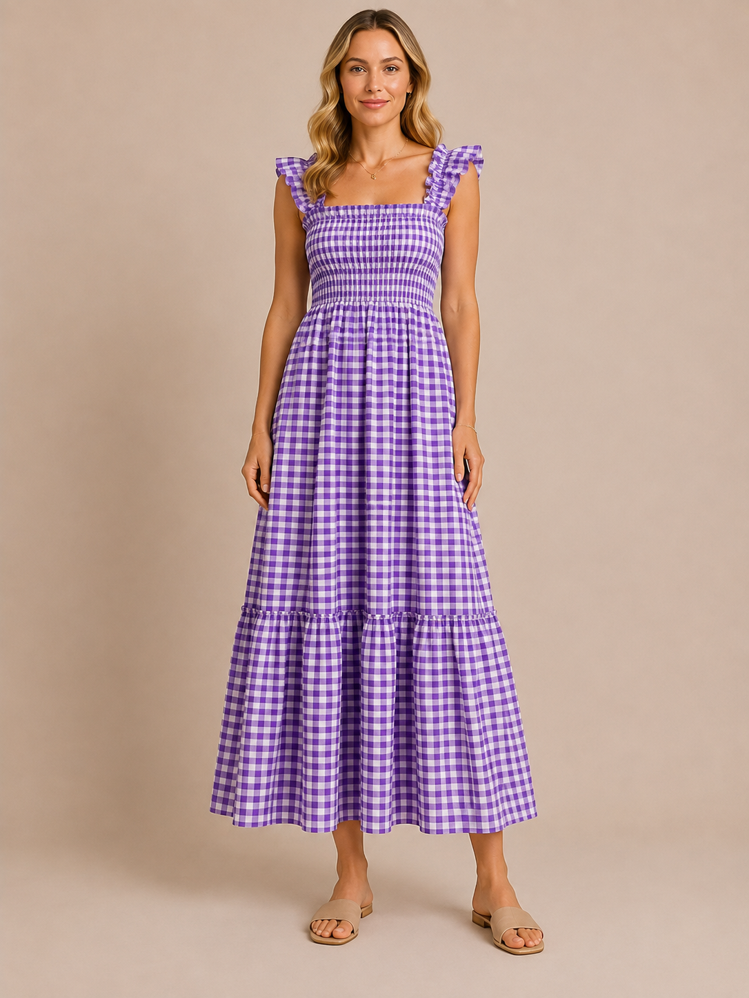Odette™ - Shirred Gingham Maxi Dress