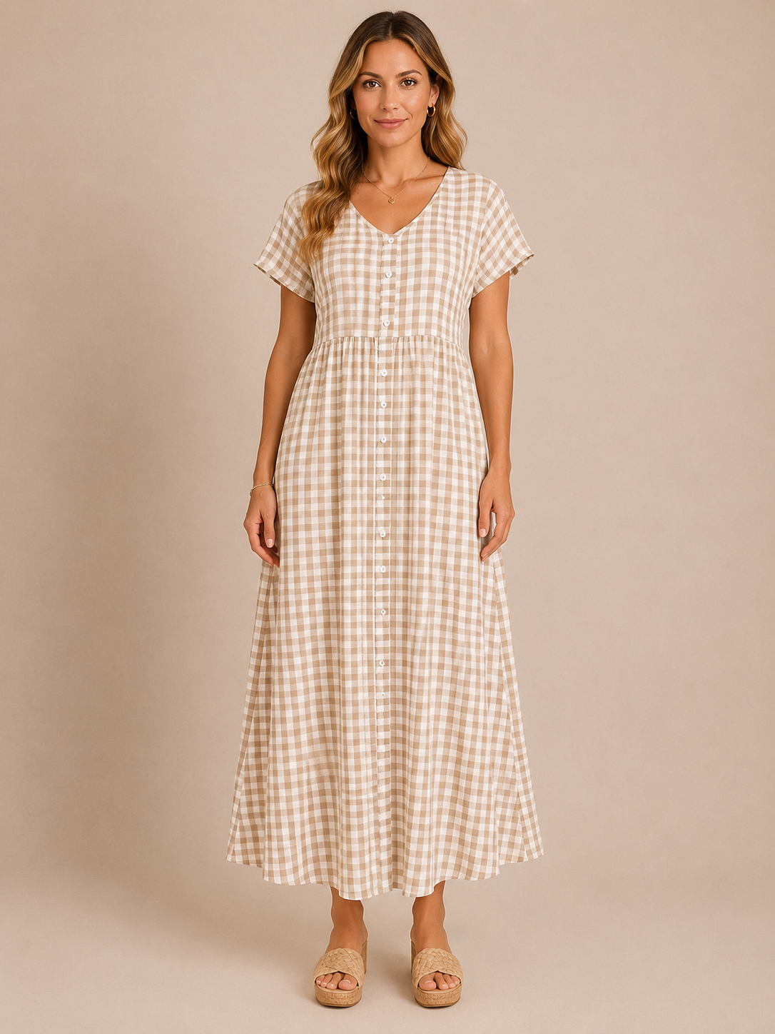 Brielle™ - Plaid V-Neck Button Maxi Dress