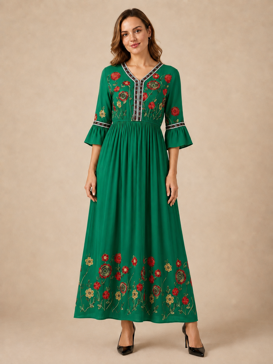 Evelina™ - V-Neck Embroidered Linen Maxi Dress