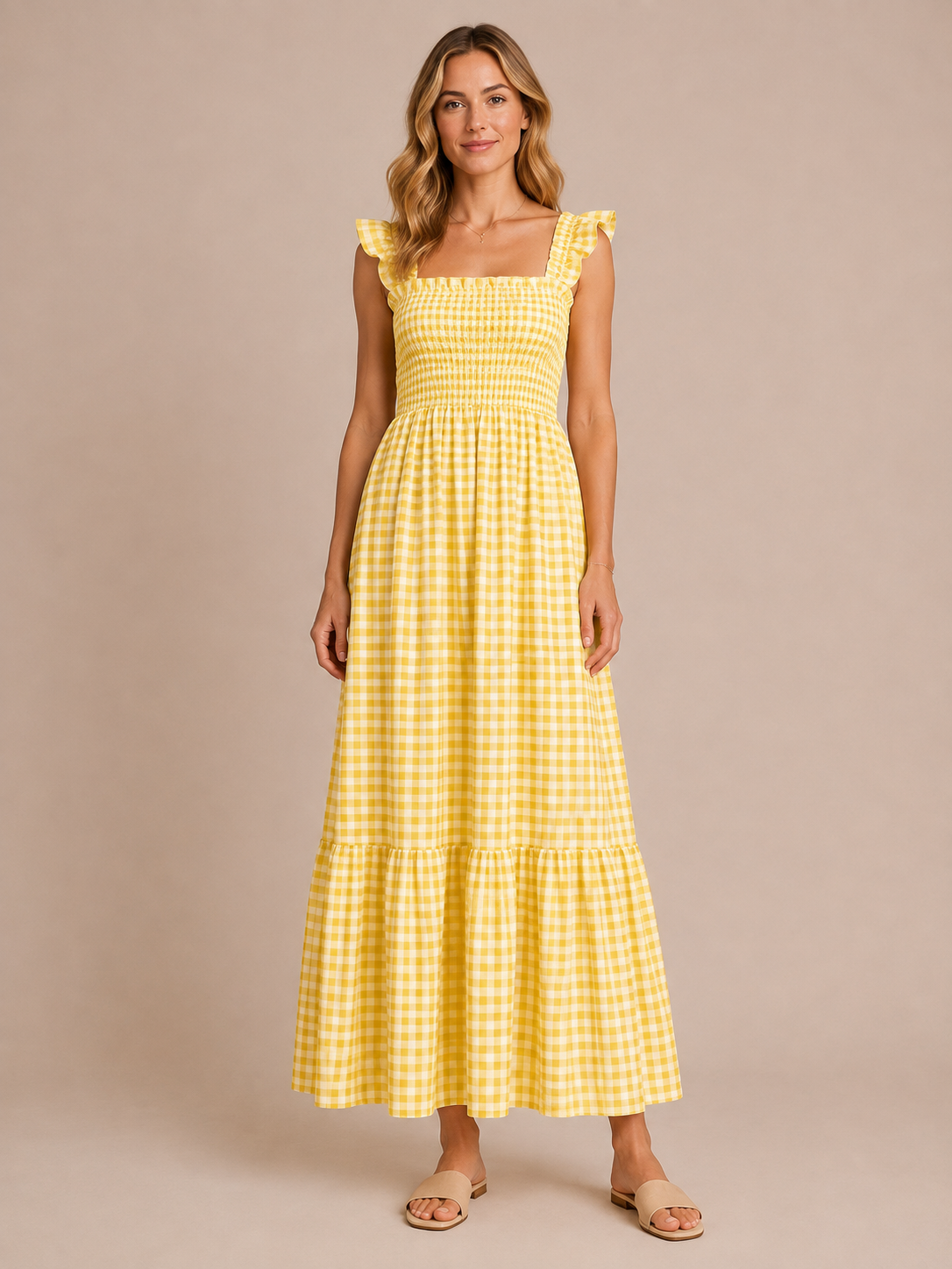 Odette™ - Shirred Gingham Maxi Dress