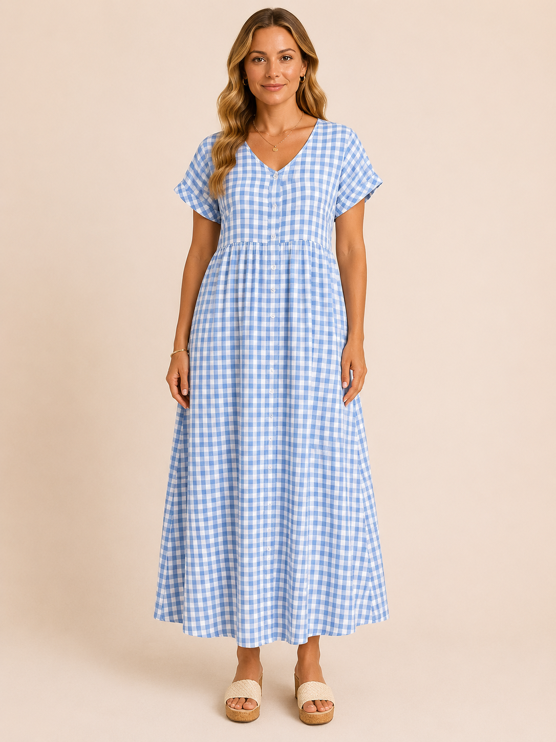Brielle™ - Plaid V-Neck Button Maxi Dress