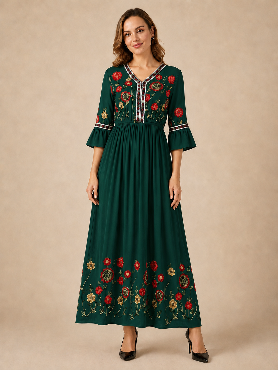 Evelina™ - V-Neck Embroidered Linen Maxi Dress