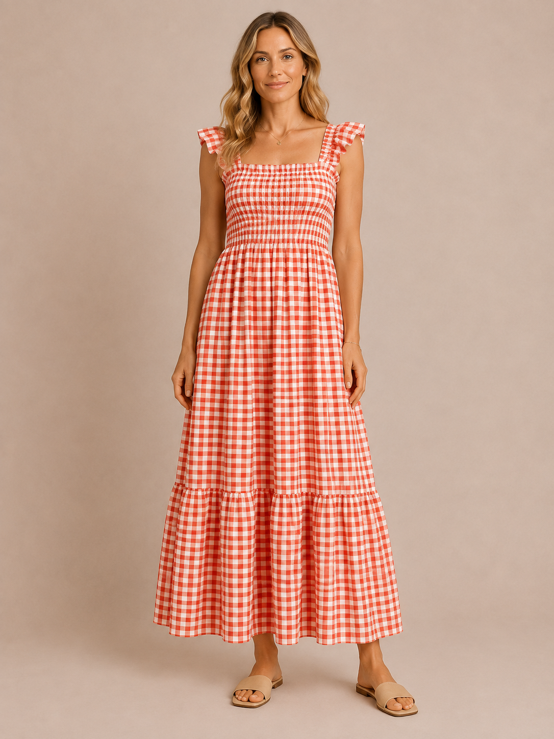 Odette™ - Shirred Gingham Maxi Dress