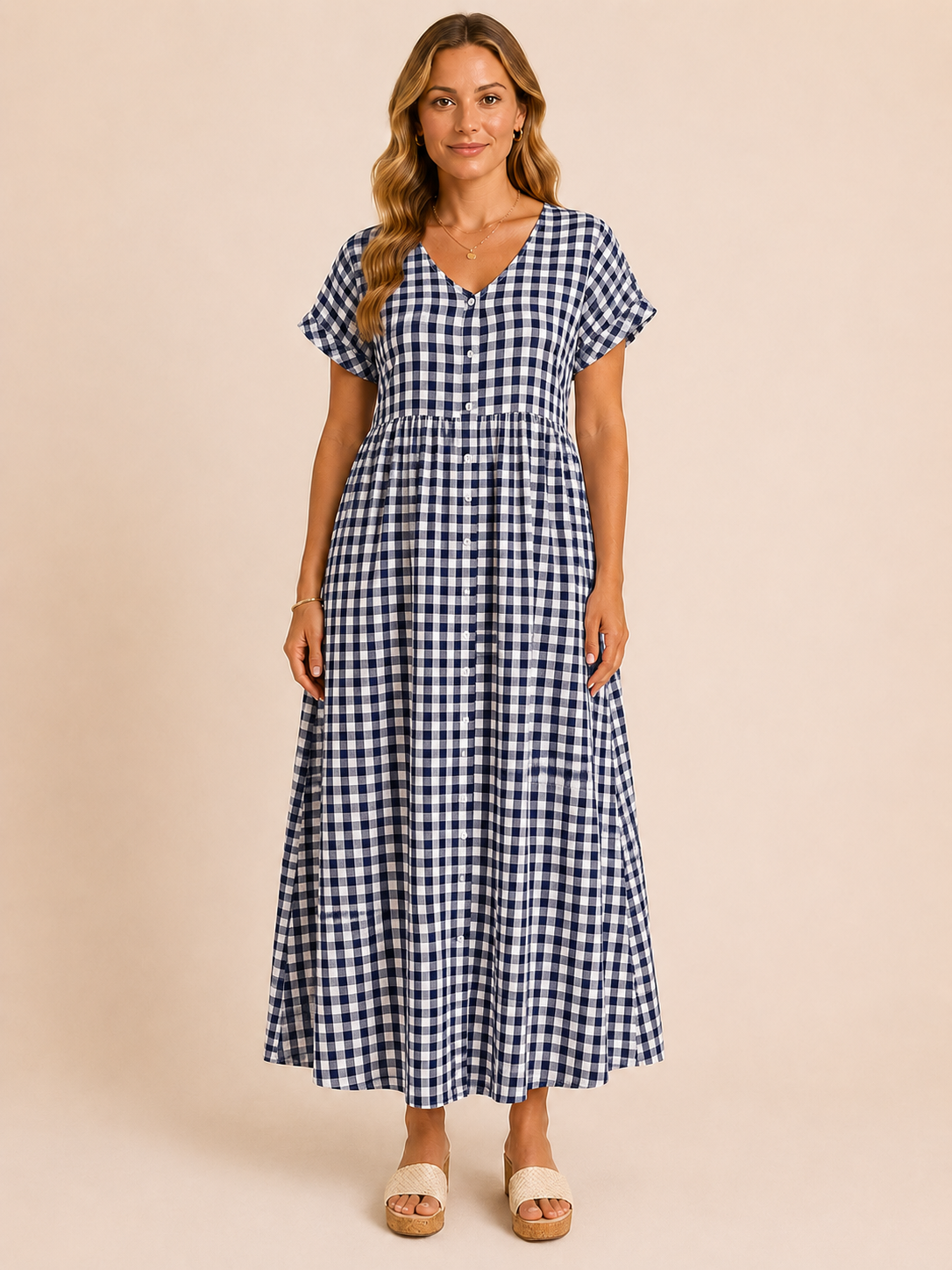 Brielle™ - Plaid V-Neck Button Maxi Dress