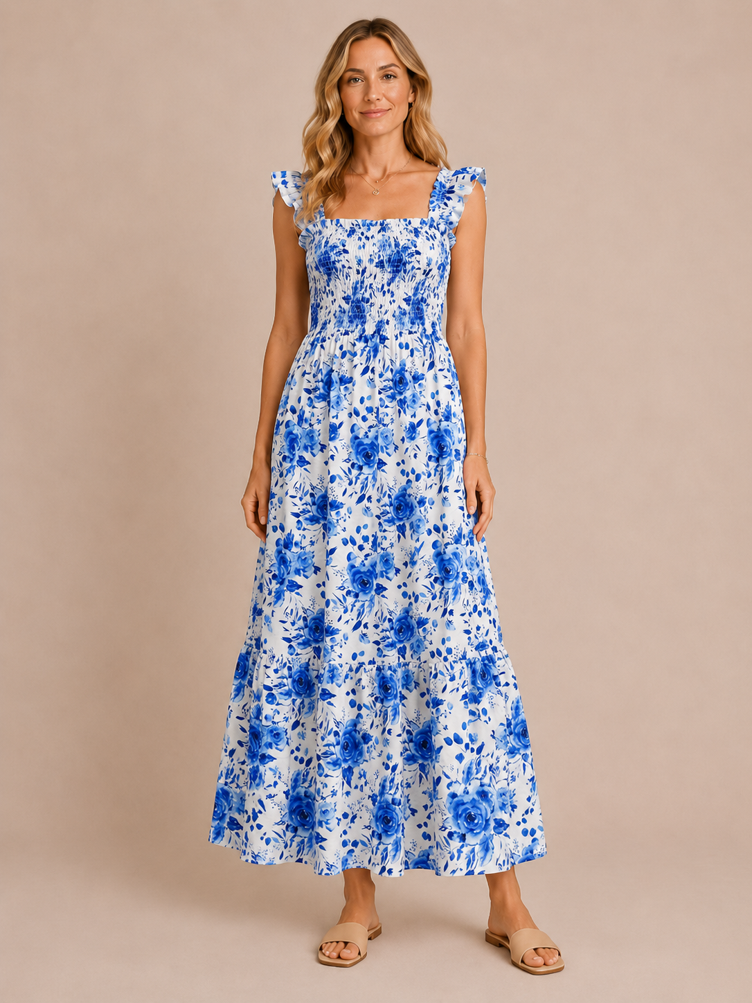 Odette™ - Shirred Gingham Maxi Dress