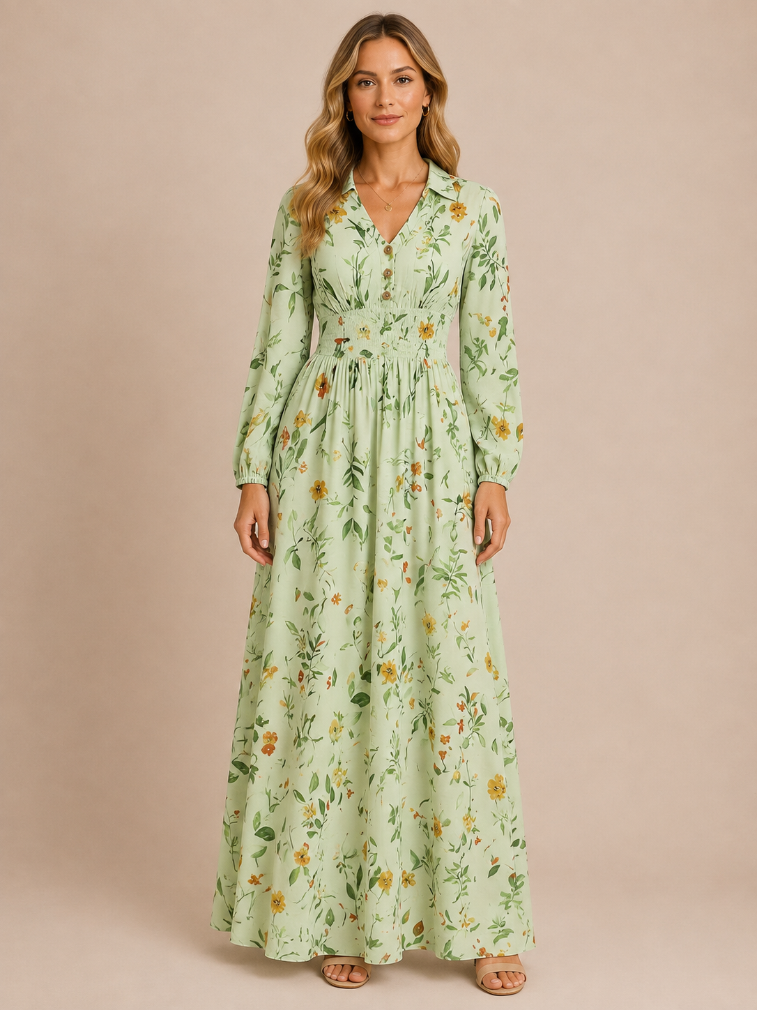Aurelia™ - V-Neck Smocked-Waist Maxi Dress