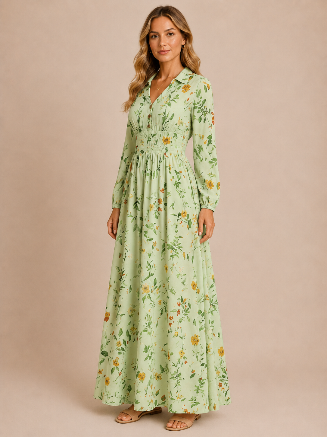 Aurelia™ - V-Neck Smocked-Waist Maxi Dress