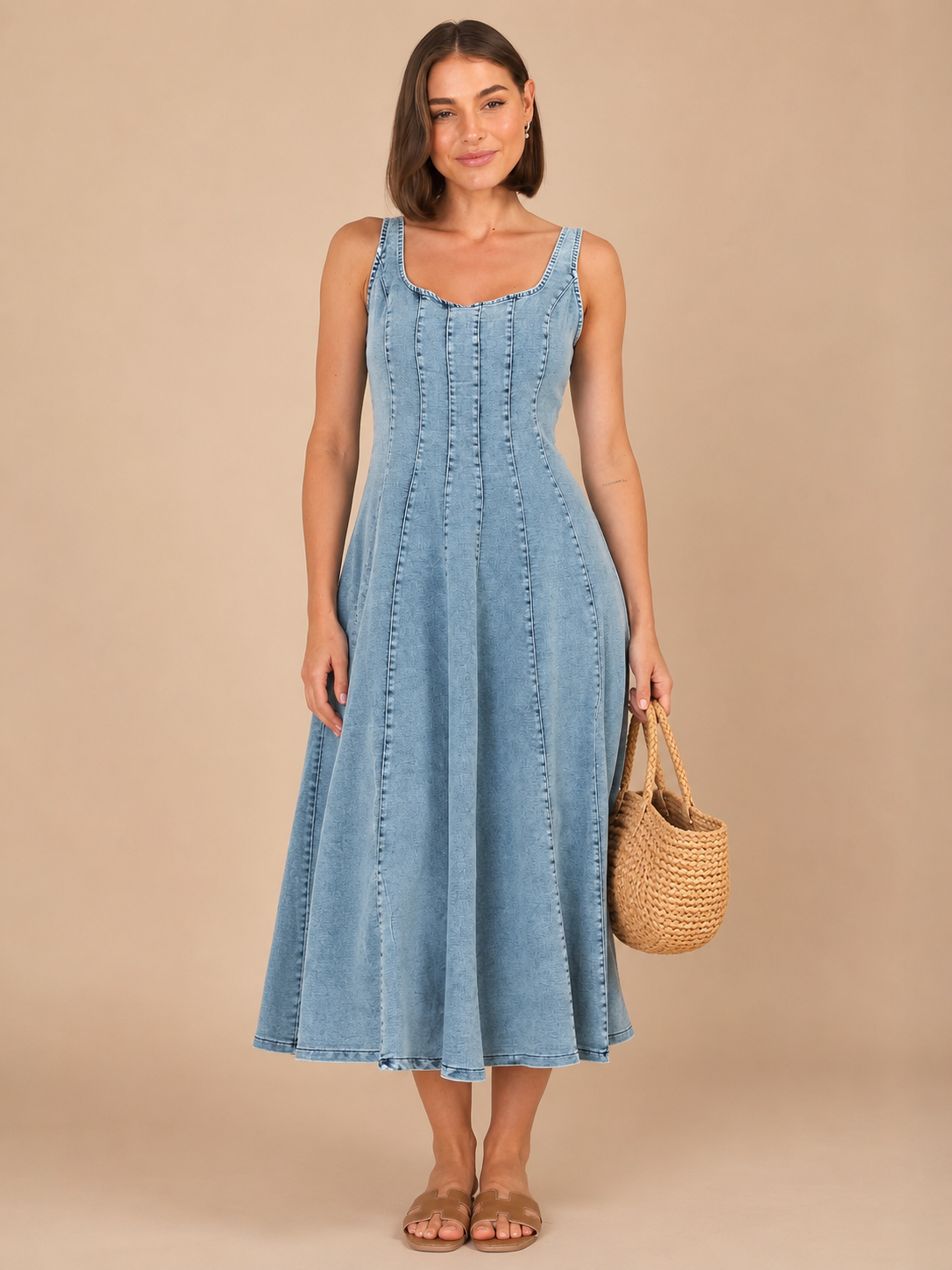 Maribel™ - Adjustable Strap Denim Midi Dress