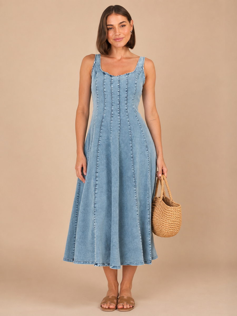 Maribel™ - Adjustable Strap Denim Midi Dress