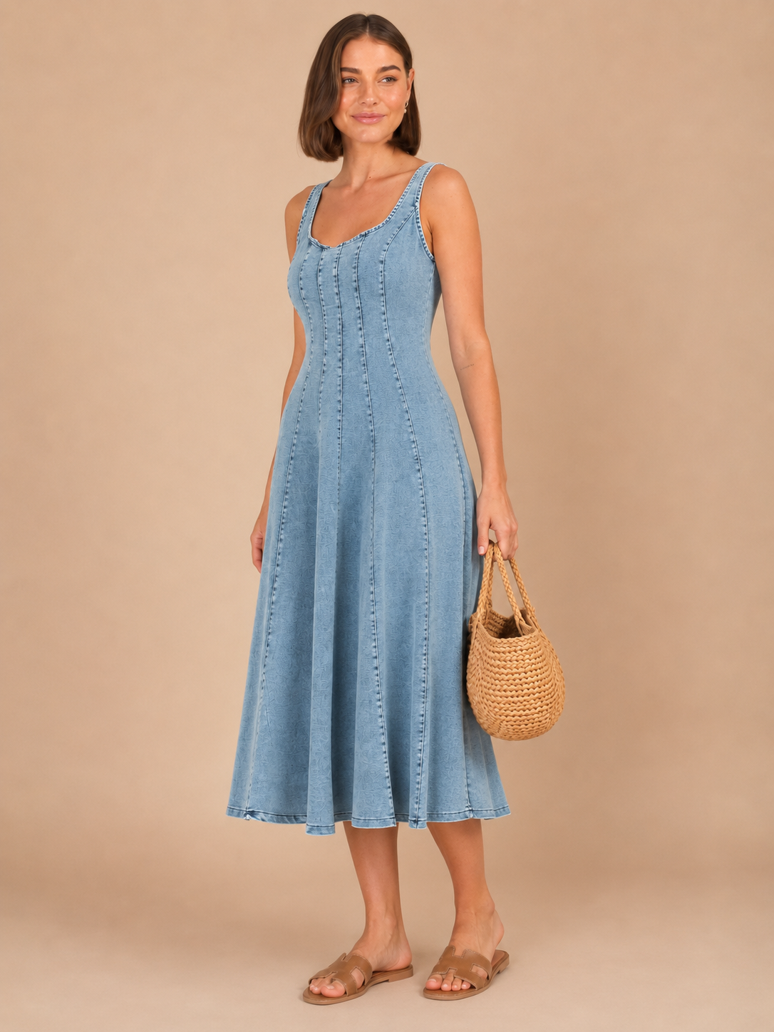 Maribel™ - Adjustable Strap Denim Midi Dress