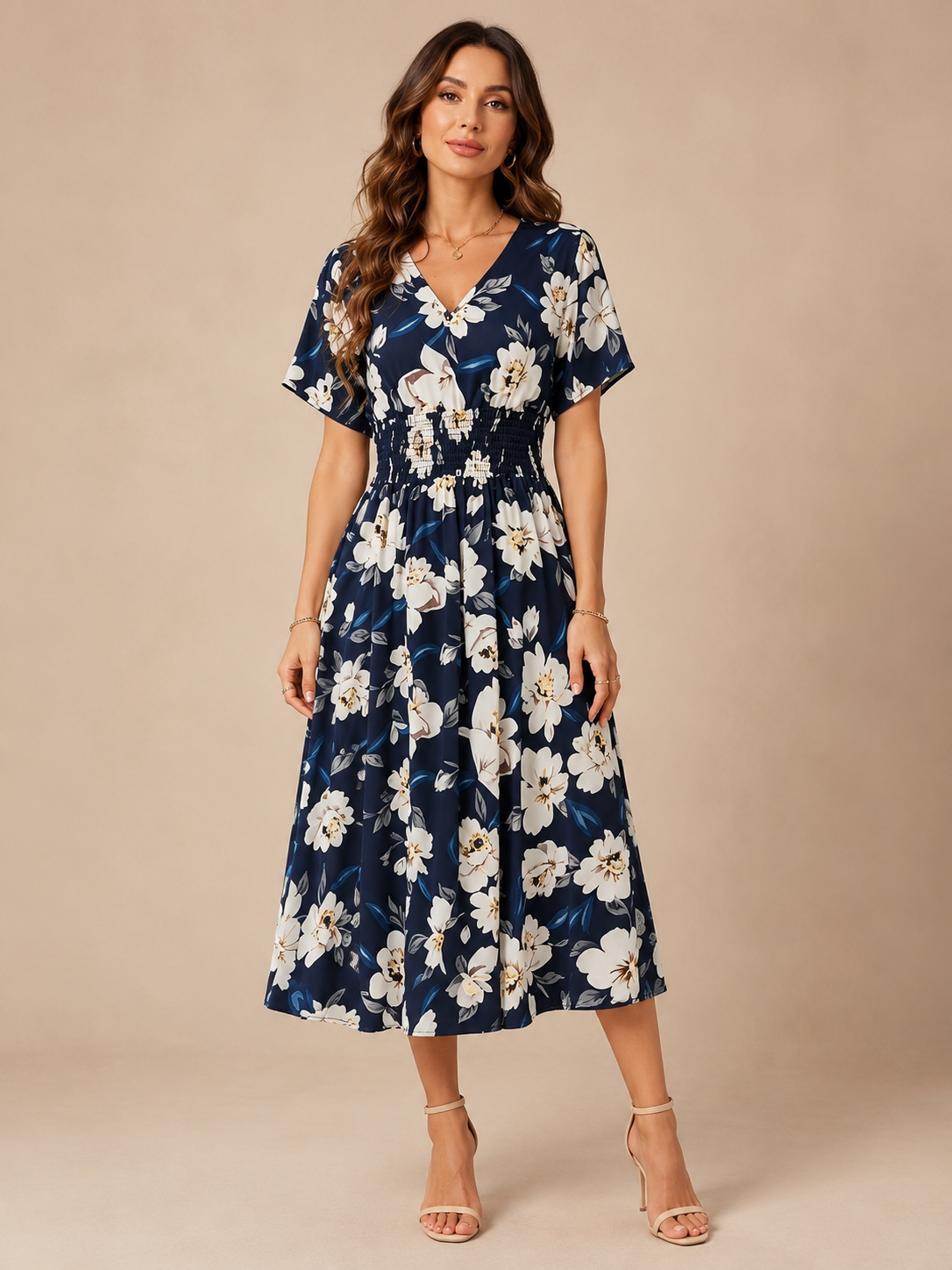 Naomi™ - Navy Floral V-Neck Midi Dress