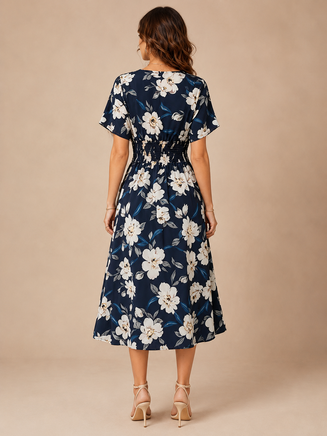 Naomi™ - Navy Floral V-Neck Midi Dress