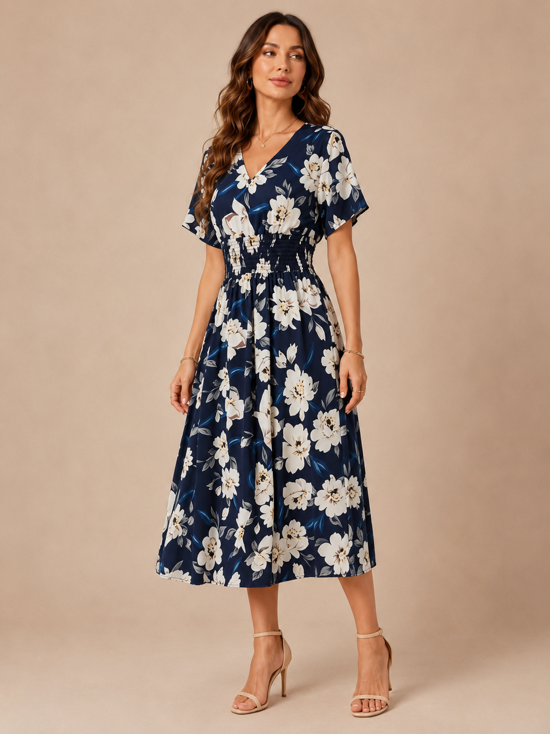 Naomi™ - Navy Floral V-Neck Midi Dress