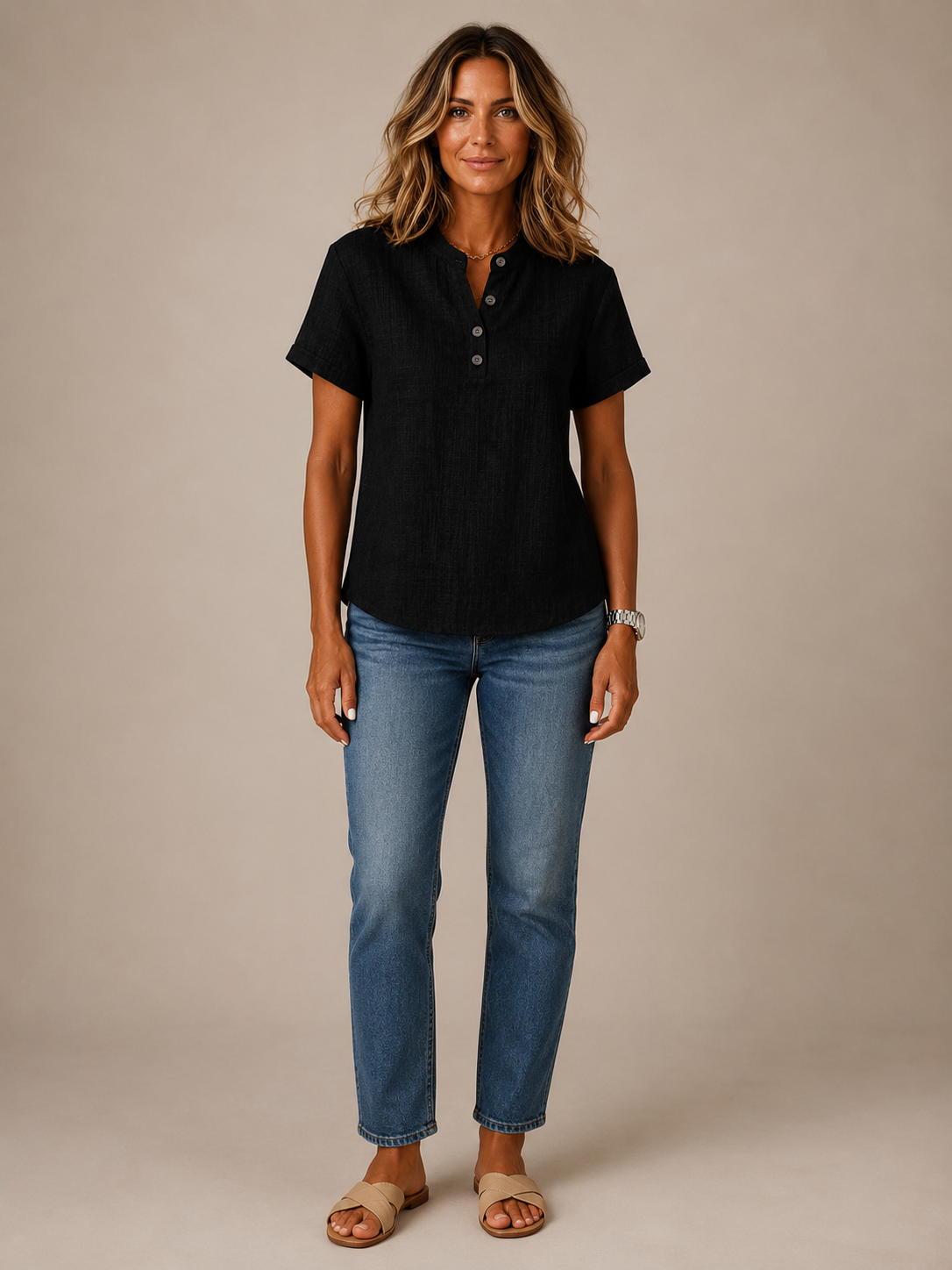 Celeste™ - Linen-Blend Button Henley Blouse