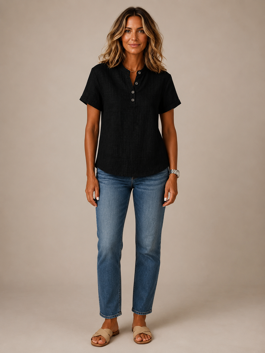 Celeste™ - Linen-Blend Button Henley Blouse