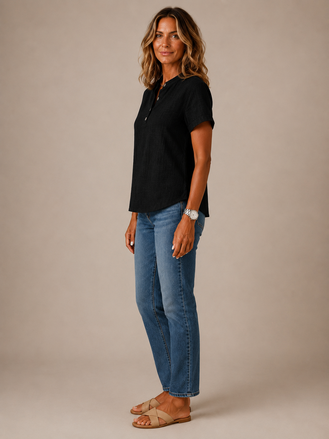 Celeste™ - Linen-Blend Button Henley Blouse