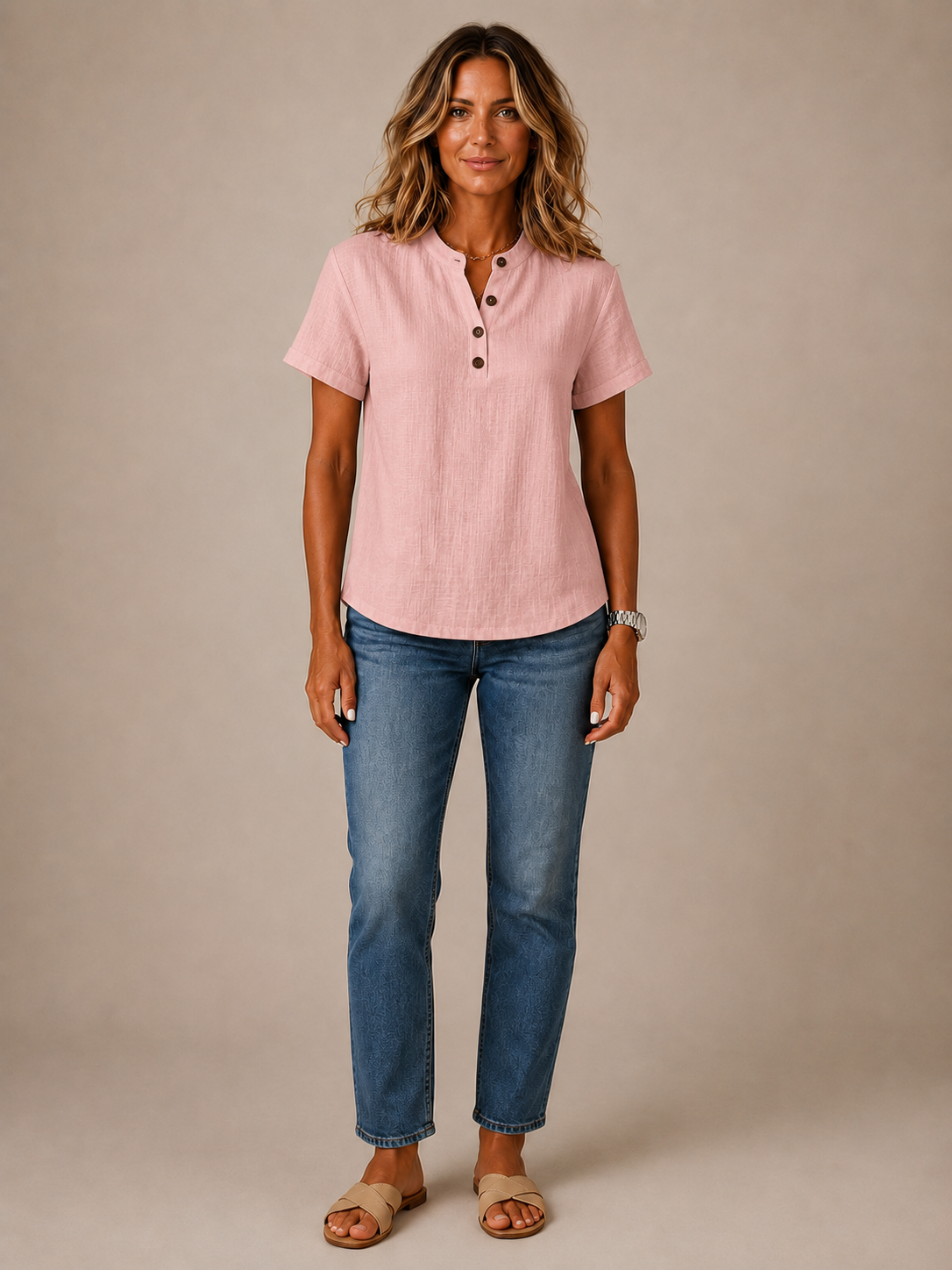 Celeste™ - Linen-Blend Button Henley Blouse