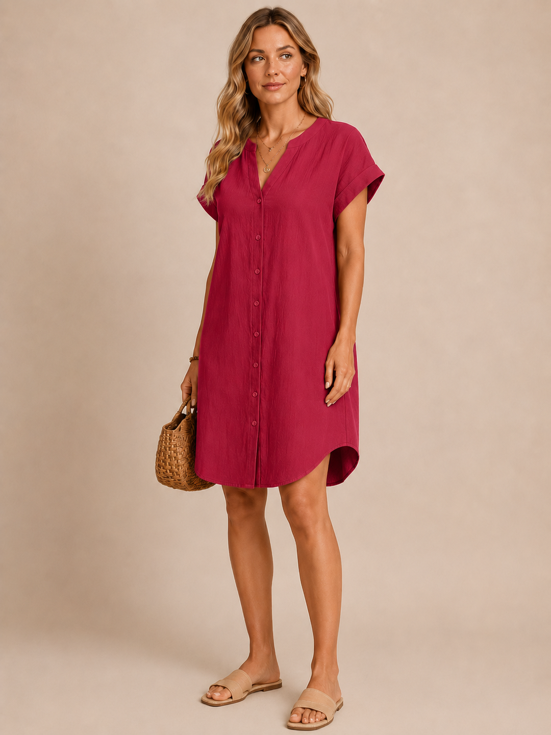 Florence™ - Buttoned V-Neck Relaxed Dress